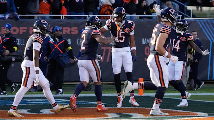 Nov 23, 2025; Chicago, Illinois, USA; Chicago Bears wide receiver DJ Moore (2) reacts with wide receiver Rome Odunze (15) after catching a touchdown against the Pittsburgh Steelers during the second half at Soldier Field. Mandatory Credit: David Banks-Imagn Images Nov 23, 2025; Chicago, Illinois, USA; Chicago Bears wide receiver DJ Moore (2) reacts with wide receiver Rome Odunze (15) after catching a touchdown against the Pittsburgh Steelers during the second half at Soldier Field. Mandatory Credit: David Banks-Imagn Images