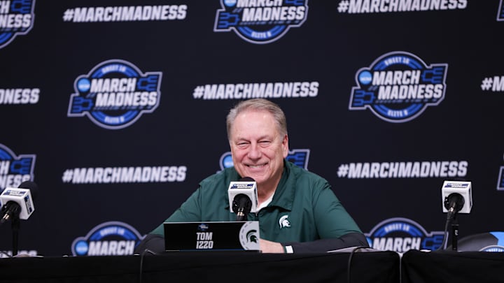 Mar 27, 2025; Atlanta, GA, USA; Michigan State Spartans head coach Tom Izzo addresses the media in a press conference during NCAA Tournament South Regional Practice at State Farm Arena. Mandatory Credit: Brett Davis-Imagn Images