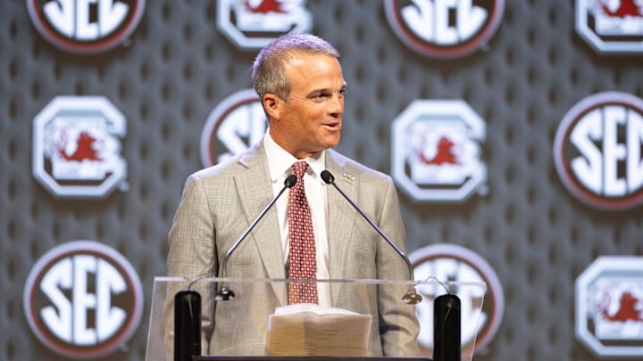 Jul 15, 2024; Dallas, TX, USA; South Carolina head coach Shane Beamer speaking to the media at Omni Dallas Hotel. Mandatory Credit: Brett Patzke-Imagn Images