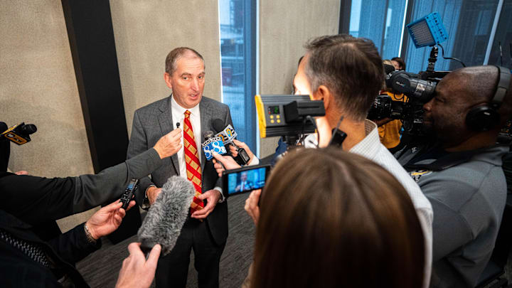 Iowa State athletic director Jamie Pollard takes questions from the media after the introduction of Jimmy Rogers as Iowa State’s new head football coach on Dec. 8, 2025, at Iowa State University in Ames, IA.