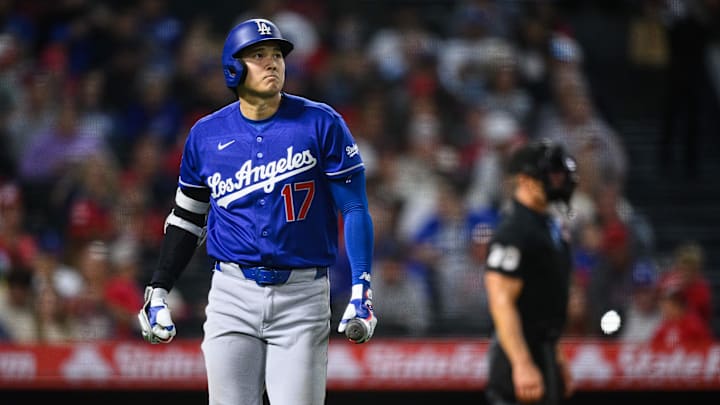 May 15, 2026; Anaheim, California, USA; Los Angeles Dodgers designated hitter Shohei Ohtani (17) looks on after striking out during the seventh inning against the Los Angeles Angels at Angel Stadium. Mandatory Credit: William Liang-Imagn Images