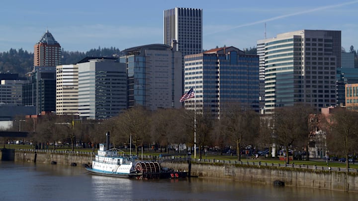 Mar 17, 2016; Portland, OR, USA; General view of the Portland skyline and the Williamette River.