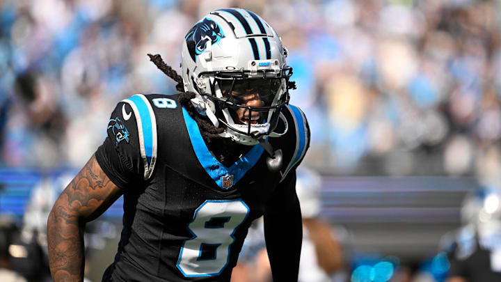 Nov 9, 2025; Charlotte, North Carolina, USA; Carolina Panthers cornerback Jaycee Horn (8) before the game at Bank of America Stadium. Mandatory Credit: Bob Donnan-Imagn Images