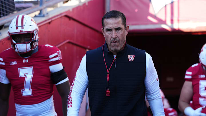 Oct 11, 2025; Madison, Wisconsin, USA; Wisconsin Badgers head coach Luke Fickell leads his team out of the tunnel at Camp Randall Stadium. Mandatory Credit: Ross Harried-Imagn Images