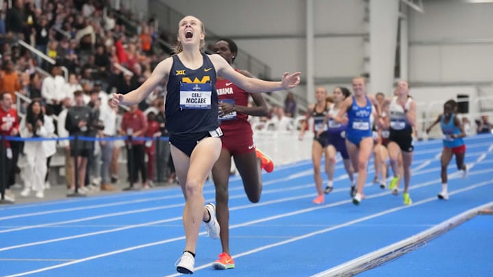 Mar 15, 2025; Virginia Beach, VA, USA; Ceili McCabe of West Virginia wins the women's 3,000m in 9:01.12 during the NCAA Indoor Championships at Virginia Beach Sports Center. Mandatory Credit: Kirby Lee-Imagn Images