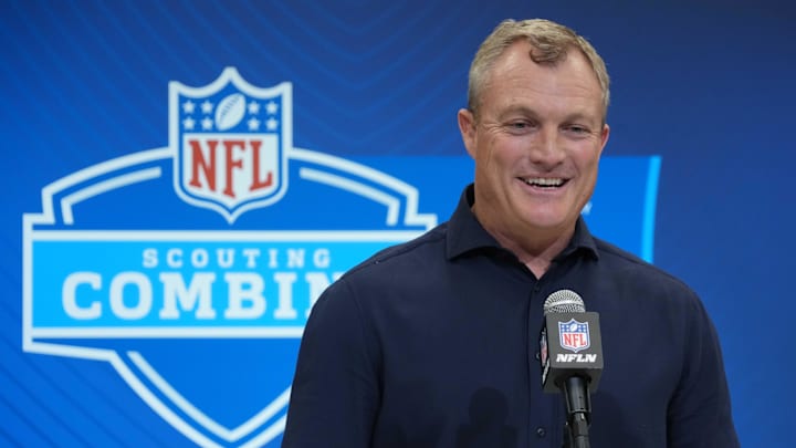 Feb 27, 2025; Indianapolis, IN, USA; San Francisco 49ers general manager John Lynch speaks during the 2025 NFL Scouting Combine at the Indiana Convention Center. Mandatory Credit: Kirby Lee-Imagn Images Feb 27, 2025; Indianapolis, IN, USA; San Francisco 49ers general manager John Lynch speaks during the 2025 NFL Scouting Combine at the Indiana Convention Center. Mandatory Credit: Kirby Lee-Imagn Images