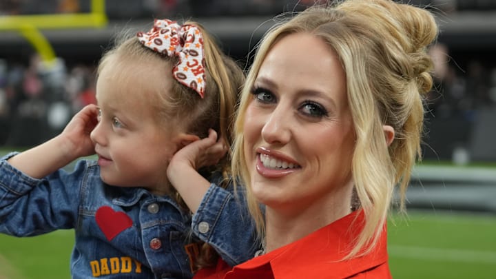 Brittany Mahomes, the wife of Kansas City Chiefs quarterback Patrick Mahomes (15) holds daughter Sterling Mahomes during the game against the Las Vegas Raiders at Allegiant Stadium. Brittany Mahomes, the wife of Kansas City Chiefs quarterback Patrick Mahomes (15) holds daughter Sterling Mahomes during the game against the Las Vegas Raiders at Allegiant Stadium.
