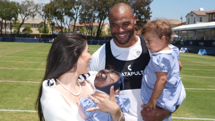 Dallas Cowboys quarterback Dak Prescott visits fiancee Sarah Jane Ramos and daughters MJ Rose Prescott and Aurora Prescott at training camp at the River Ridge Fields.