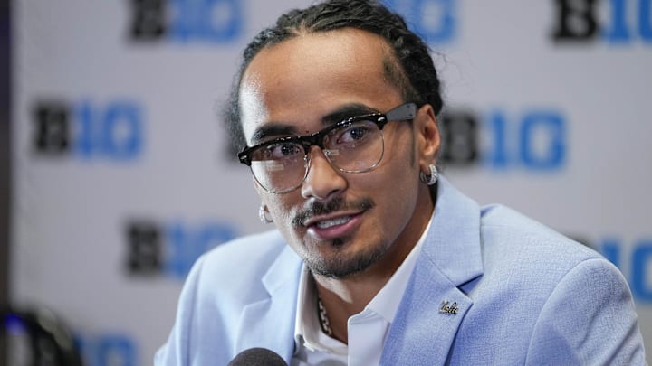 Jul 24, 2025; Las Vegas, NV, USA; UCLA quarterback Nico Iamaleava speaks to the media during the Big Ten NCAA college football media days at Mandalay Bay Resort. Mandatory Credit: Lucas Peltier-Imagn Images
