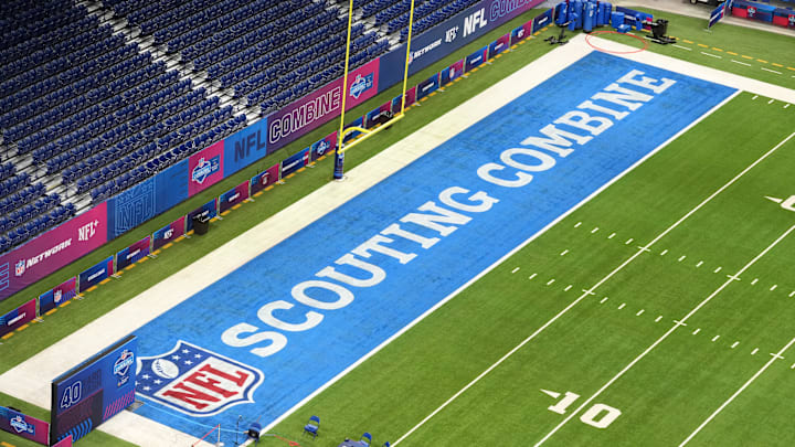 Feb 24, 2026; Indianapolis, IN, USA; The 2026 NFL Scouting Combine logo in the end zone at Lucas Oil Stadium. Mandatory Credit: Kirby Lee-Imagn Images