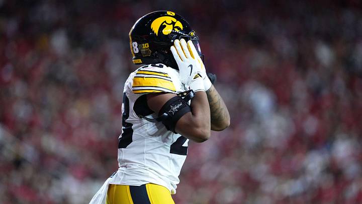 Oct 11, 2025; Madison, Wisconsin, USA; Iowa Hawkeyes running back Kamari Moulton (28) celebrates a touchdown against the Wisconsin Badgers at Camp Randall Stadium. Mandatory Credit: Ross Harried-Imagn Images Oct 11, 2025; Madison, Wisconsin, USA; Iowa Hawkeyes running back Kamari Moulton (28) celebrates a touchdown against the Wisconsin Badgers at Camp Randall Stadium. Mandatory Credit: Ross Harried-Imagn Images