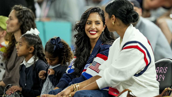 Vanessa Bryant and her family watch a women's basketball semifinal game during the Paris 2024 Olympic Summer Games at Accor Arena. Vanessa Bryant and her family watch a women's basketball semifinal game during the Paris 2024 Olympic Summer Games at Accor Arena.