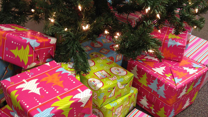 christmas presents under christmas tree in community center Lewiston