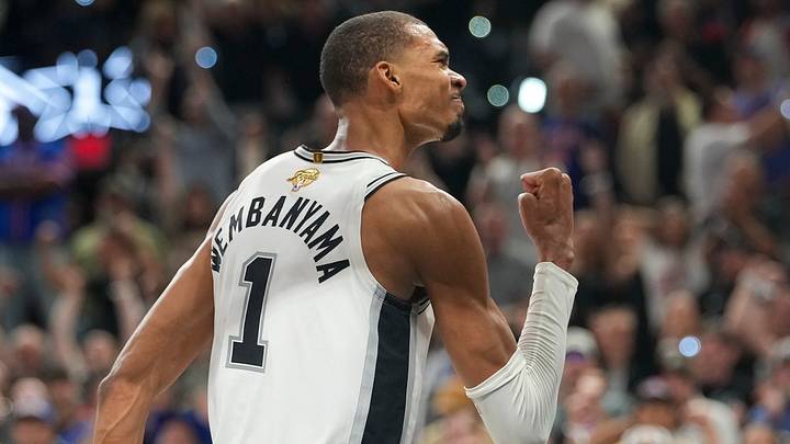 Jun 5, 2026; San Antonio, Texas, USA; San Antonio Spurs forward Victor Wembanyama (1) celebrates after he dunks the ball against the New York Knicks in the fourth quarter during game two of the 2026 NBA Finals at Frost Bank Center. Mandatory Credit: Scott Wachter-Imagn Images Jun 5, 2026; San Antonio, Texas, USA; San Antonio Spurs forward Victor Wembanyama (1) celebrates after he dunks the ball against the New York Knicks in the fourth quarter during game two of the 2026 NBA Finals at Frost Bank Center. Mandatory Credit: Scott Wachter-Imagn Images