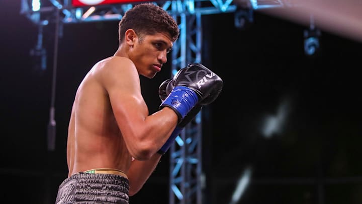 Sebastian Fundora faces Brian Mendoza during their interim WBC world super welterweight title fight at Dignity Health Sports Park in Carson, Calif., Saturday, April 8, 2023.