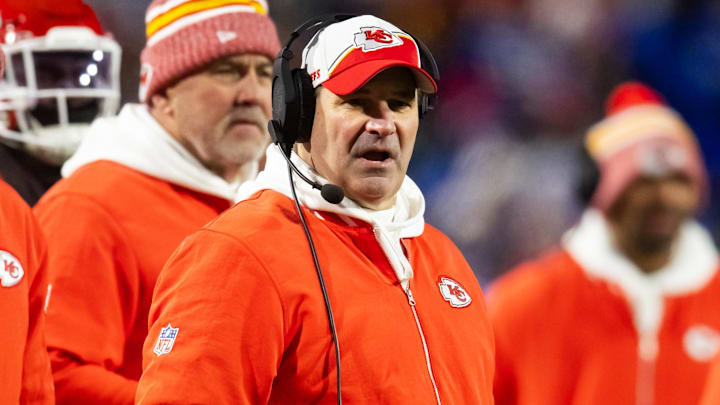 Jan 21, 2024; Orchard Park, New York, USA; Kansas City Chiefs defensive line coach Joe Cullen during the first half for the 2024 AFC divisional round game at Highmark Stadium. Mandatory Credit: Mark J. Rebilas-Imagn Images Jan 21, 2024; Orchard Park, New York, USA; Kansas City Chiefs defensive line coach Joe Cullen during the first half for the 2024 AFC divisional round game at Highmark Stadium. Mandatory Credit: Mark J. Rebilas-Imagn Images