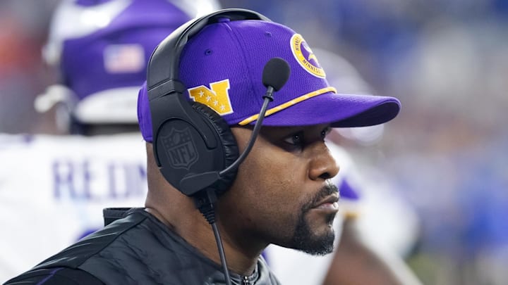 Jan 13, 2025; Glendale, AZ, USA; Minnesota Vikings defensive coordinator Brian Flores against the Los Angeles Rams during an NFC wild card game at State Farm Stadium. Mandatory Credit: Mark J. Rebilas-Imagn Images