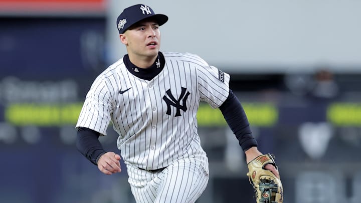 Oct 8, 2025; Bronx, New York, USA; New York Yankees shortstop Anthony Volpe (11) during the third inning of game four of the ALDS round of the 2025 MLB playoffs against the Toronto Blue Jays at Yankee Stadium. Mandatory Credit: Brad Penner-Imagn Images Oct 8, 2025; Bronx, New York, USA; New York Yankees shortstop Anthony Volpe (11) during the third inning of game four of the ALDS round of the 2025 MLB playoffs against the Toronto Blue Jays at Yankee Stadium. Mandatory Credit: Brad Penner-Imagn Images
