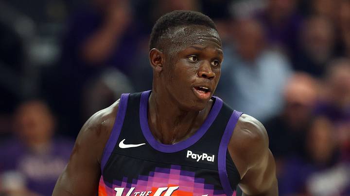 Apr 8, 2026; Phoenix, Arizona, USA; Phoenix Suns center Khaman Maluach (10) against the Dallas Mavericks at Mortgage Matchup Center. Mandatory Credit: Mark J. Rebilas-Imagn Images
