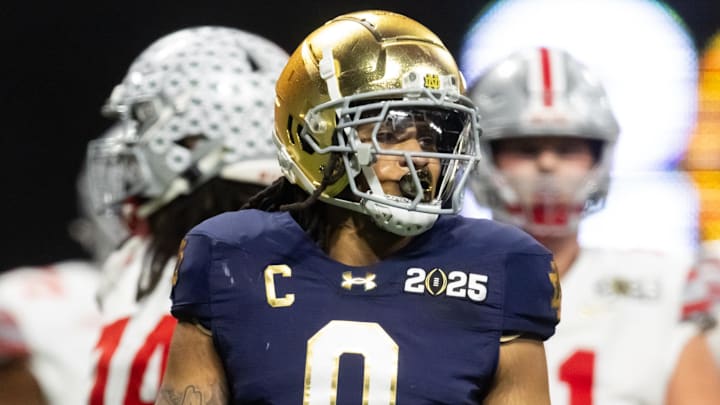 Jan 20, 2025; Atlanta, GA, USA; Notre Dame Fighting Irish safety Xavier Watts (0) against the Ohio State Buckeyes during the CFP National Championship college football game at Mercedes-Benz Stadium. Mandatory Credit: Mark J. Rebilas-Imagn Images