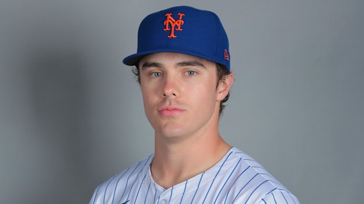 Feb 20, 2025; Port St. Lucie, FL, USA; New York Mets outfielder Drew Gilbert (89) poses for a photo during picture day at Clover Park. Mandatory Credit: Sam Navarro-Imagn Images