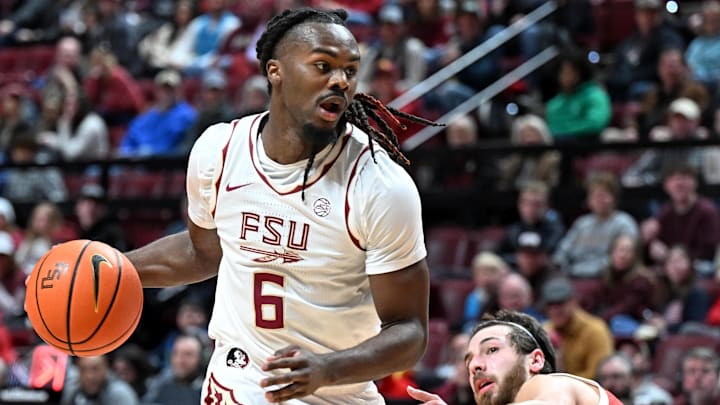 Jan 31, 2026; Tallahassee, Florida, USA; Florida State Seminoles guard Robert McCray (6) drives to the net during the second half against the Stanford Cardinal during the second half at Donald L. Tucker Center. Mandatory Credit: Melina Myers-Imagn Images