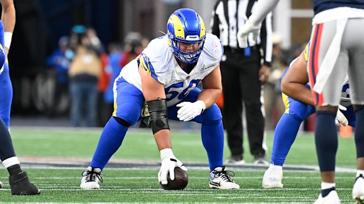 Nov 17, 2024; Foxborough, Massachusetts, USA; Los Angeles Rams center Beaux Limmer (50) waits to snap the ball during the second half against the New England Patriots at Gillette Stadium. Mandatory Credit: Eric Canha-Imagn Images