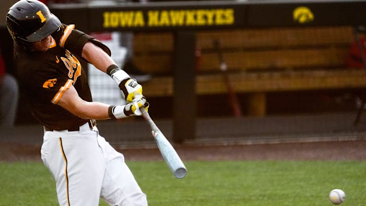 Iowa infielder Kooper Schulte (9) bats against Bradley April 16, 2025 at Duane Banks Field in Iowa City, Iowa.