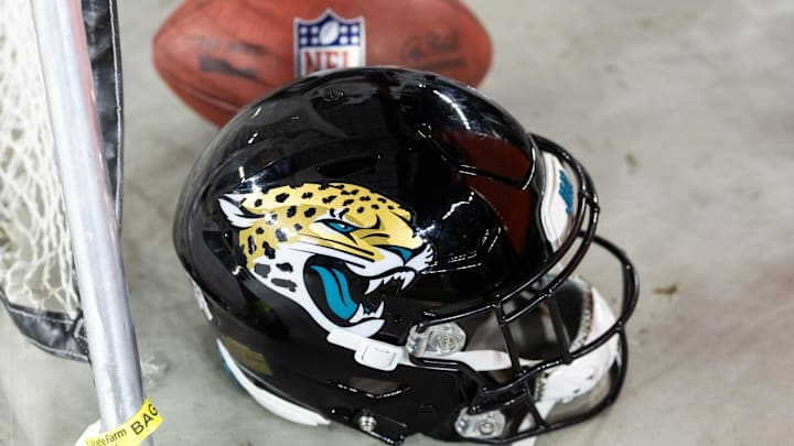 Nov 23, 2025; Glendale, Arizona, USA; Detailed view of a Jacksonville Jaguars helmet at State Farm Stadium. Mandatory Credit: Mark J. Rebilas-Imagn Images