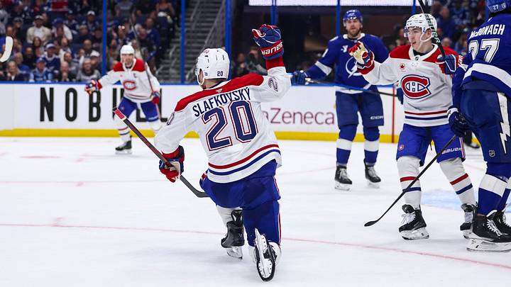 Apr 19, 2026; Tampa, Florida, USA; Montreal Canadiens forward Juraj Slafkovsky (20) reacts to scoring a goal against the Tampa Bay Lightning during the second period in game one of the first round of the 2026 Stanley Cup Playoffs at Benchmark International Arena. Mandatory Credit: Morgan Tencza-Imagn Images