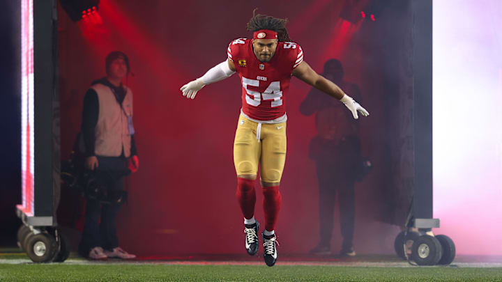 Dec 30, 2024; Santa Clara, California, USA; San Francisco 49ers linebacker Fred Warner (54) during the game against the Detroit Lions at Levi's Stadium. Mandatory Credit: Sergio Estrada-Imagn Images