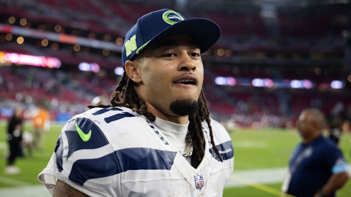 Dec 8, 2024; Glendale, Arizona, USA; Seattle Seahawks wide receiver Jaxon Smith-Njigba (11) against the Arizona Cardinals at State Farm Stadium. Mandatory Credit: Mark J. Rebilas-Imagn Images