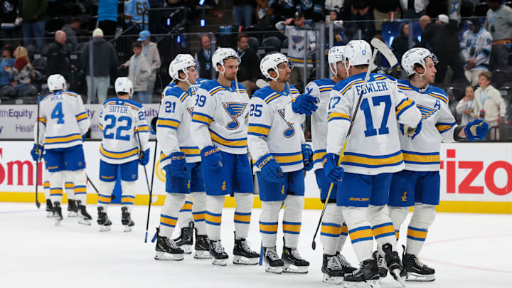 Apr 16, 2026; Salt Lake City, Utah, USA; The St. Louis Blues celebrate after defeating the Utah Mammoth at Delta Center. Mandatory Credit: Rob Gray-Imagn Images