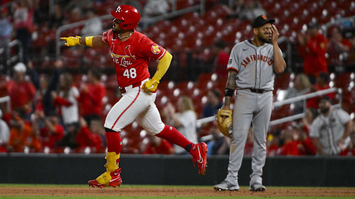 Sep 5, 2025; St. Louis, Missouri, USA;  St. Louis Cardinals designated hitter Ivan Herrera (48) reacts as he runs the bases after hitting a solo home run against the San Francisco Giants during the eighth inning at Busch Stadium. Mandatory Credit: Jeff Curry-Imagn Images