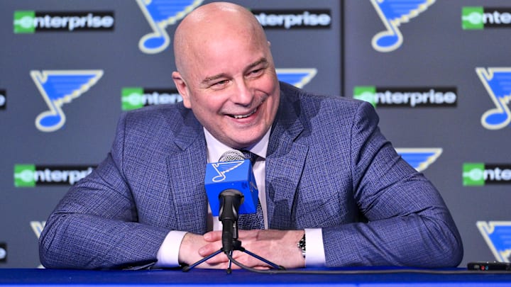 Apr 5, 2025; St. Louis, Missouri, USA;  St. Louis Blues head coach Jim Montgomery talks with the media after the Blues won their franchise record 12th straight win with a victory over the Colorado Avalanche at Enterprise Center. Mandatory Credit: Jeff Curry-Imagn Images