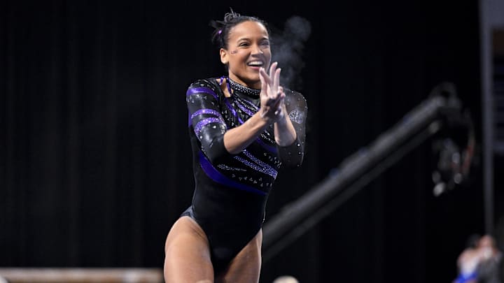 Former LSU Tigers gymnast Haleigh Bryant performs on floor exercise during the 2025 Women's National Gymnastics Semifinal at Dickies Arena. Former LSU Tigers gymnast Haleigh Bryant performs on floor exercise during the 2025 Women's National Gymnastics Semifinal at Dickies Arena.