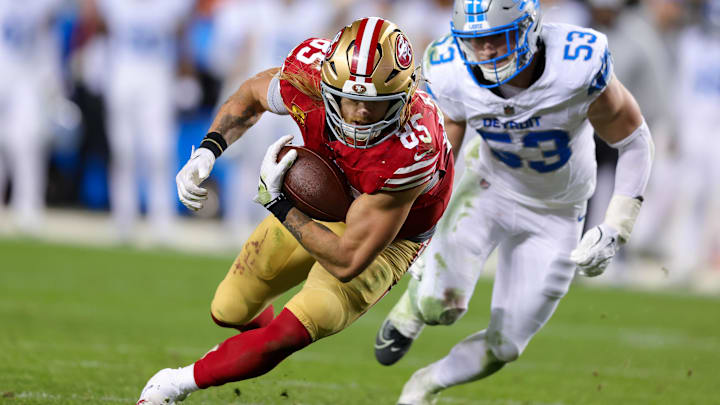Dec 30, 2024; Santa Clara, California, USA; San Francisco 49ers tight end George Kittle (85) during the game against the Detroit Lions at Levi's Stadium. Mandatory Credit: Sergio Estrada-Imagn Images