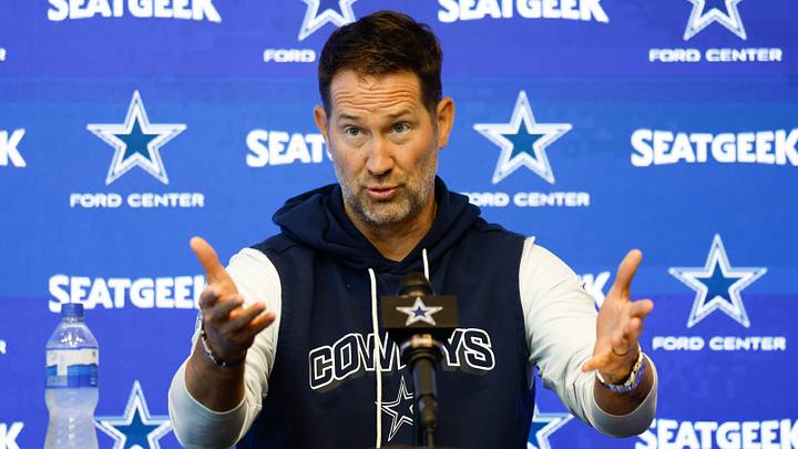 Dallas Cowboys head coach Brian Schottenheimer addresses the media before practice at the Ford Center.