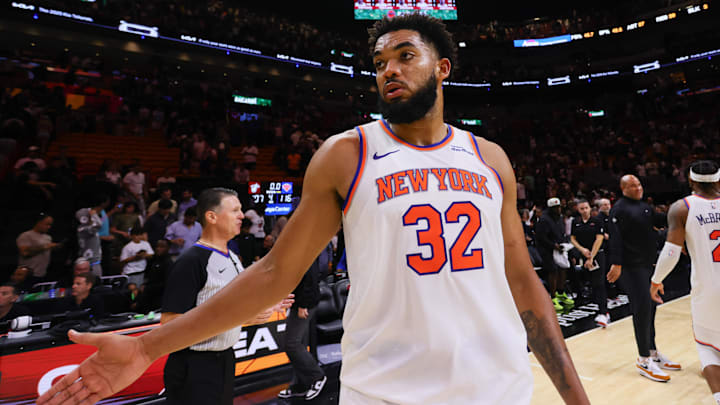 Oct 30, 2024; Miami, Florida, USA; New York Knicks center Karl-Anthony Towns (32) celebrates after the game against the Miami Heat at Kaseya Center. Mandatory Credit: Sam Navarro-Imagn Images Oct 30, 2024; Miami, Florida, USA; New York Knicks center Karl-Anthony Towns (32) celebrates after the game against the Miami Heat at Kaseya Center. Mandatory Credit: Sam Navarro-Imagn Images