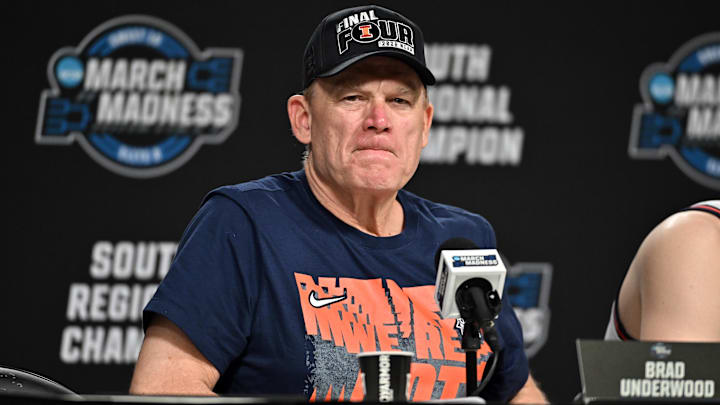 Mar 28, 2026; Houston, TX, USA; Illinois Fighting Illini head coach Brad Underwood speaks in a press conference after defeating the Iowa Hawkeyes in an Elite Eight game of the South Regional of the men's 2026 NCAA Tournament at Toyota Center. Mandatory Credit: Maria Lysaker-Imagn Images