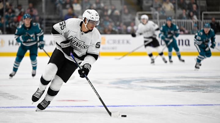 Oct 29, 2024; San Jose, California, USA; Los Angeles Kings right wing Quinton Byfield (55) controls the puck  Sharks during the second period at SAP Center at San Jose. Mandatory Credit: Eakin Howard-Imagn Images
