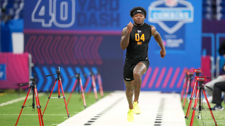 Feb 28, 2026; Indianapolis, IN, USA; Georgia wideout Dillon Bell (WO04) during the NFL Scouting Combine at Lucas Oil Stadium. Mandatory Credit: Kirby Lee-Imagn Images Feb 28, 2026; Indianapolis, IN, USA; Georgia wideout Dillon Bell (WO04) during the NFL Scouting Combine at Lucas Oil Stadium. Mandatory Credit: Kirby Lee-Imagn Images