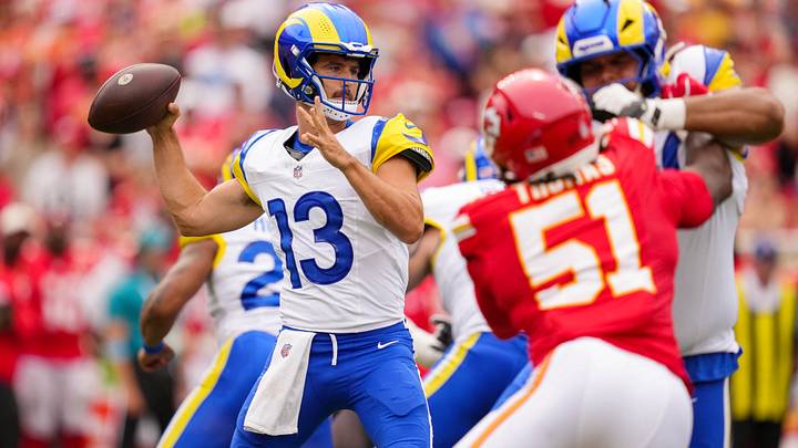 Aug 15, 2026; Kansas City, Missouri, USA; Los Angeles Rams quarterback Stetson Bennett IV (13) throws a pass during the first half against the Kansas City Chiefs at at Arrowhead Stadium. Mandatory Credit: Jay Biggerstaff-Imagn Images