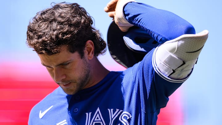 Apr 22, 2026; Anaheim, California, USA; Toronto Blue Jays second baseman Ernie Clement (22) looks on after losing to the Los Angeles Angels at Angel Stadium. 