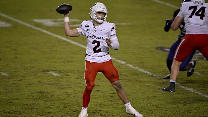 Nov 29, 2025; Fort Worth, Texas, USA; Cincinnati Bearcats quarterback Brendan Sorsby (2) throws the ball during the game between the Horned Frogs and the Bearcats at Amon G. Carter Stadium. Mandatory Credit: Jerome Miron-Imagn Images