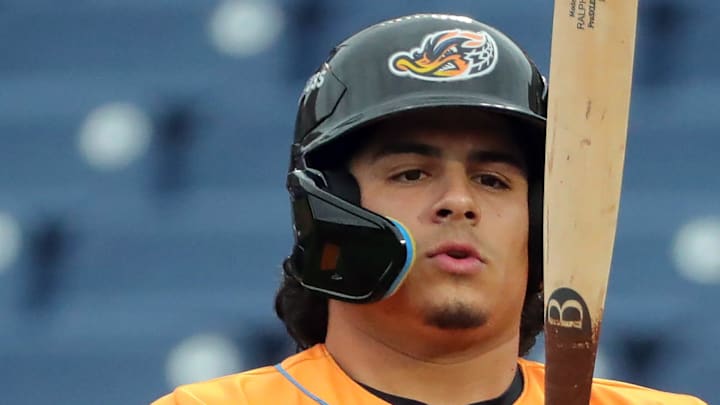 Akron RubberDucks designated hitter Ralphy Velazquez readies himself during the first inning of a game Aug. 21, 2025, in Akron.