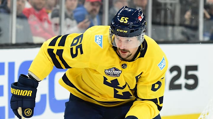 Feb 17, 2025; Boston, MA, USA; [Imagn Images direct customers only]  Team Sweden defenseman Erik Karlsson (65) skates after the puck during the third period against Team USA in a 4 Nations Face-Off ice hockey game at TD Garden. Mandatory Credit: Bob DeChiara-Imagn Images
