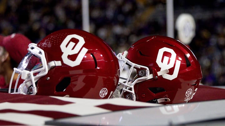 Nov 30, 2024; Baton Rouge, Louisiana, USA; Detailed view of the Oklahoma Sooners helmets on a time out against the LSU Tigers during the second quarter at Tiger Stadium. Mandatory Credit: Stephen Lew-Imagn Images