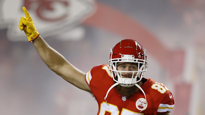 Kansas City Chiefs tight end Travis Kelce (87) runs on the field as he's introduced in the first quarter of the game between the Kansas City Chiefs and the Cincinnati Bengals at Arrowhead Stadium in Kansas City on Oct. 16, 2018.
