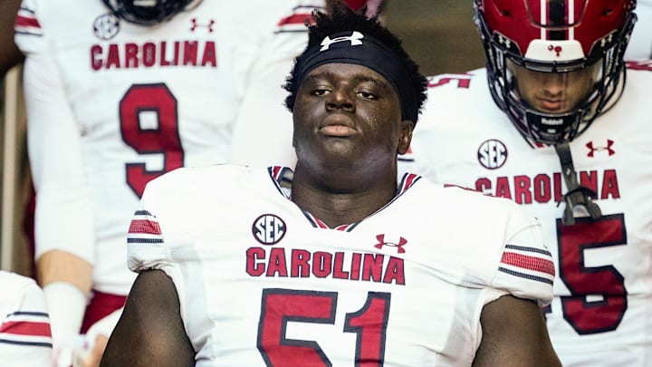Oct 21, 2023; Columbia, Missouri, USA; South Carolina Gamecocks offensive lineman Tree Babalade (51) takes the field for the second half against the Missouri Tigers at Faurot Field at Memorial Stadium. Mandatory Credit: Jay Biggerstaff-Imagn Images
